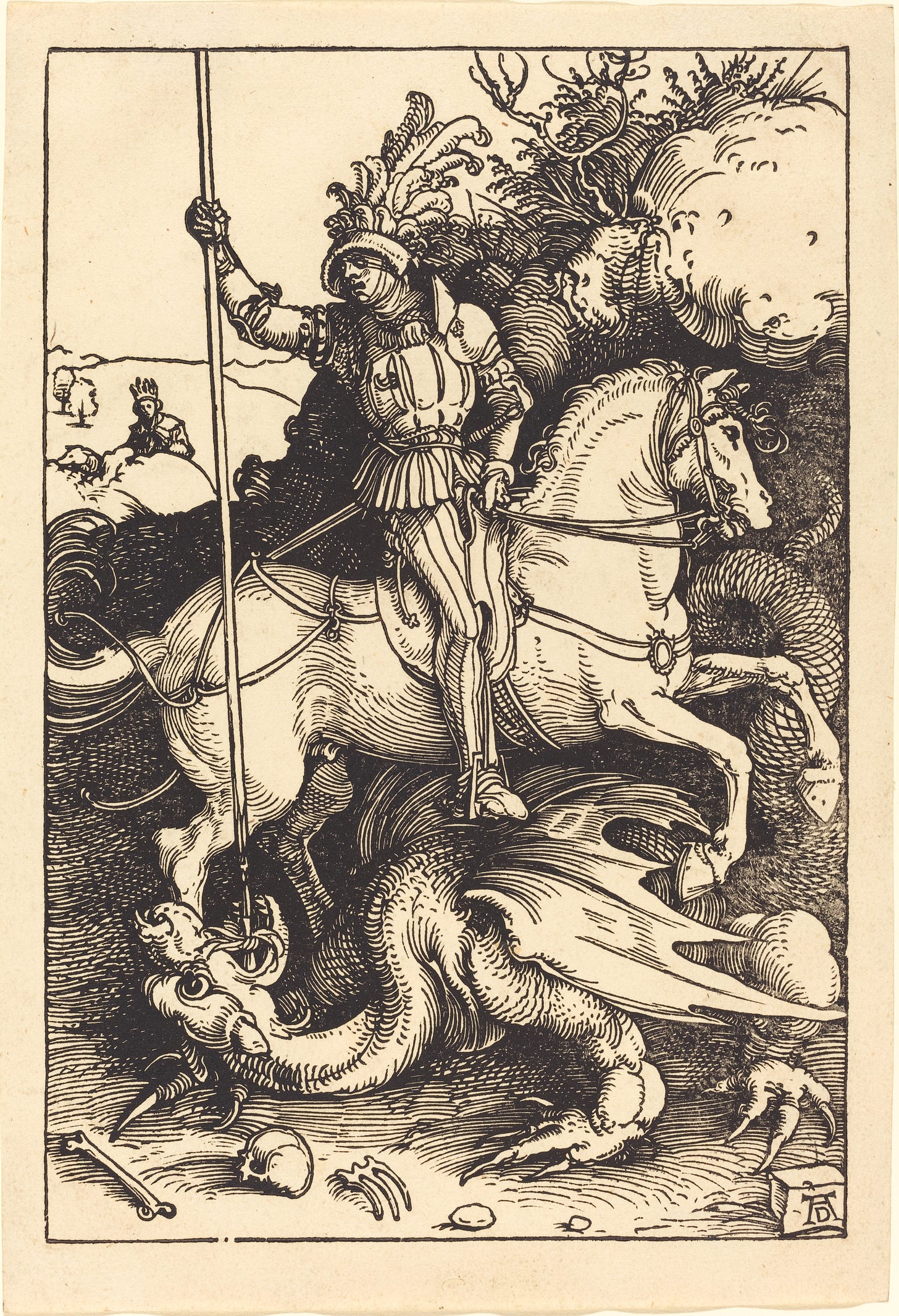 Woodcut of St George slaying the dragon. He is on his horse above the dragon, stabbing the dragon with a spear. They are outside the dragon's cave, and in  the distance the princess is watching.