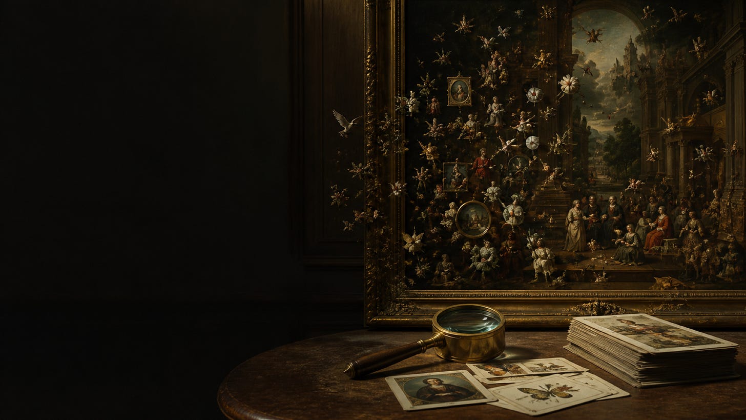 A dense old-master-style painting beside a magnifying loupe and observation cards.