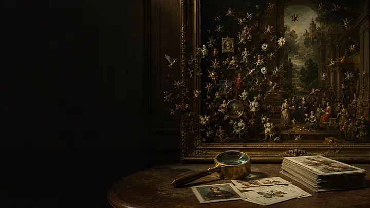 A dense old-master-style painting beside a magnifying loupe and observation cards.