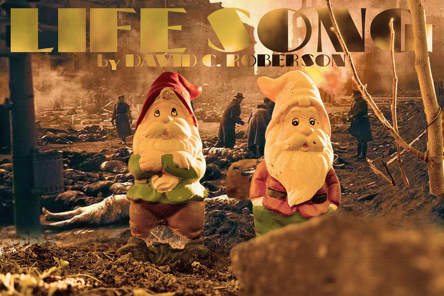Photo of two faded garden knomes by Albert David with a backdrop alteration featuring the aftermath of the bombing of Dresden, Germany. Photo of two faded garden knomes by Albert David with a backdrop alteration featuring the aftermath of the bombing of Dresden, Germany.