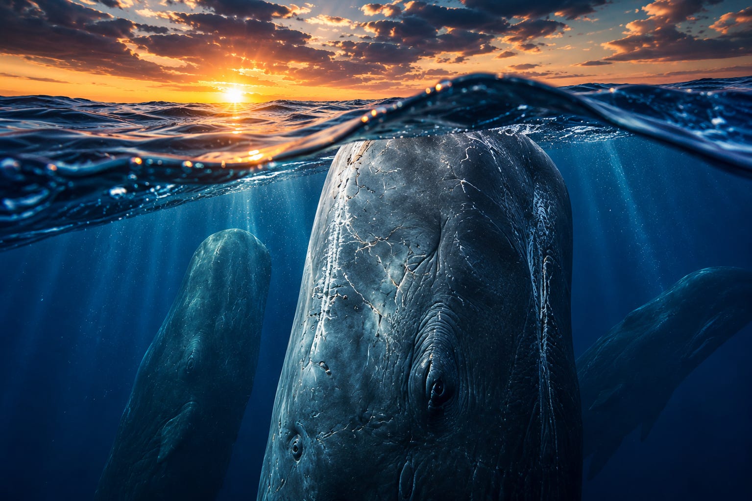 Ultra-detailed close-up of a sperm whale rising beneath a breaking ocean surface at sunset, with dramatic blue tones and light rays cutting through the water.
