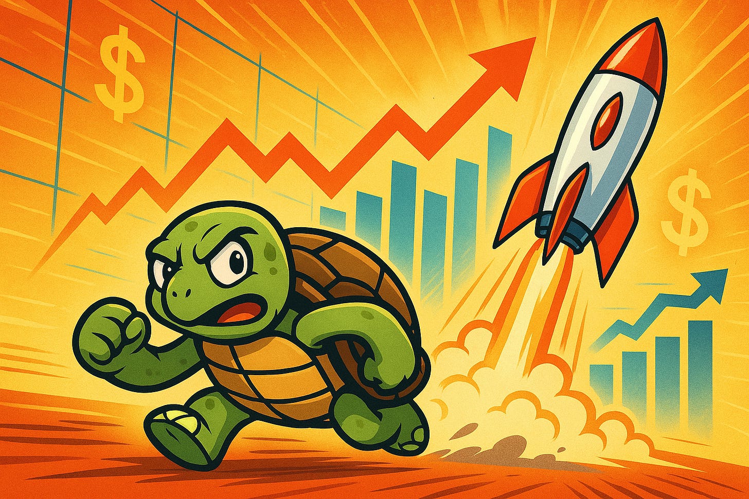 Course de vitesse entre tortue et fusée avec graphiques financiers