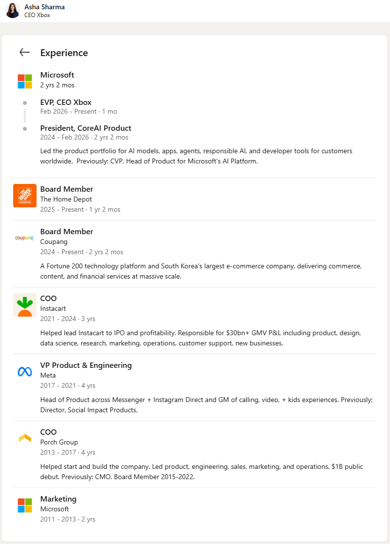 Asha Sharma work history, screenshotted from LinkedIn
