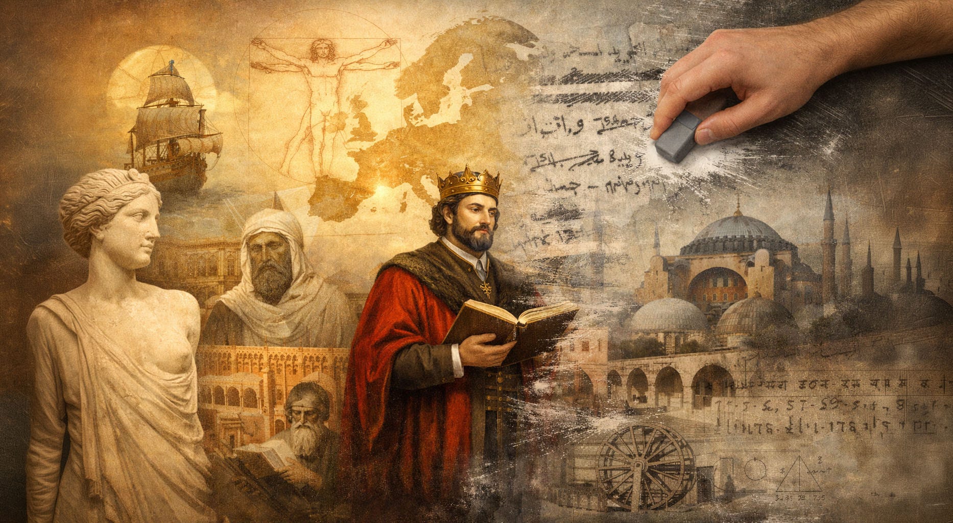 A split historical illustration showing Western history in bright light on the left—Greek statues, Renaissance scholars, and European maps—while Eastern and non-Western contributions on the right, including Arabic manuscripts, Islamic architecture, and scientific diagrams, are partially erased by a visible hand, symbolizing how the West rewrote and claimed global history. A split historical illustration showing Western history in bright light on the left—Greek statues, Renaissance scholars, and European maps—while Eastern and non-Western contributions on the right, including Arabic manuscripts, Islamic architecture, and scientific diagrams, are partially erased by a visible hand, symbolizing how the West rewrote and claimed global history.