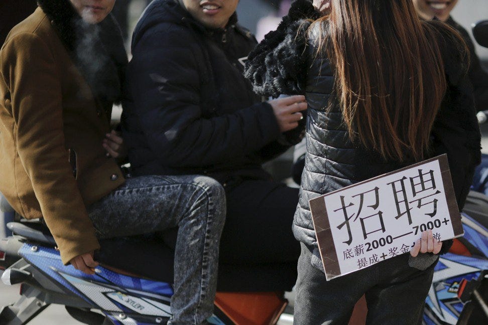 Beijingâs official jobless indicators paint a relatively steady employment situation, with the urban unemployment rate dropping to 5 per cent at the end of April from 5.2 per cent at the end of March, according to the National Bureau of Statistics. Photo: Reuters Beijingâs official jobless indicators paint a relatively steady employment situation, with the urban unemployment rate dropping to 5 per cent at the end of April from 5.2 per cent at the end of March, according to the National Bureau of Statistics. Photo: Reuters