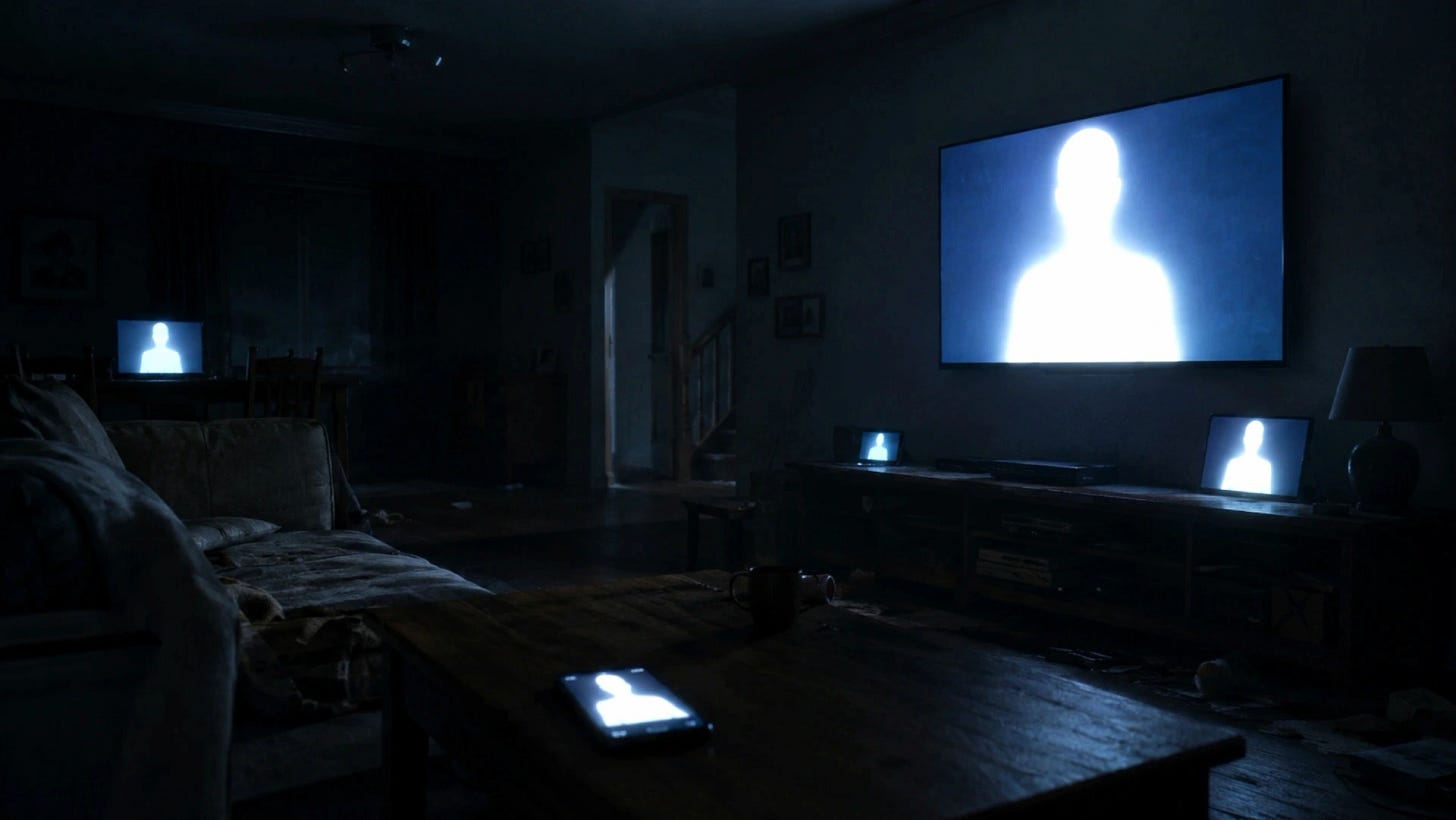 Dark living room where every screen — TV, phones, tablet, laptop — simultaneously displays the same glowing humanoid silhouette broadcasting to an empty room. Dark living room where every screen — TV, phones, tablet, laptop — simultaneously displays the same glowing humanoid silhouette broadcasting to an empty room.