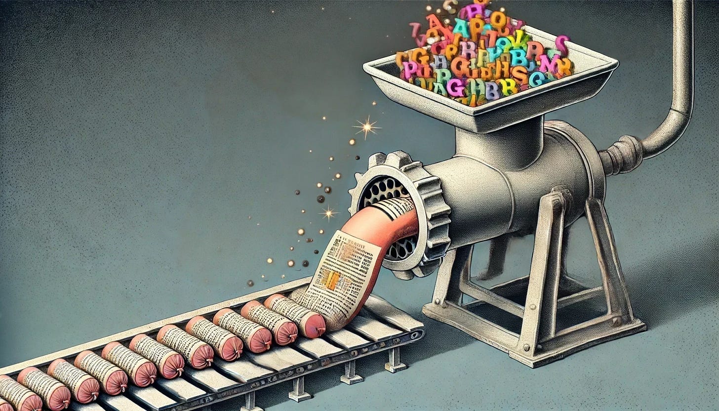A detailed and surreal illustration of a meat grinder with an even larger cascade of colorful letters of the alphabet and bright, glowing idea sparks dropping from above like rain into the top of the machine. The letters and sparks fill the air as they swirl and tumble into the grinder, emphasizing a powerful and dynamic creative process. The grinder appears active, but absolutely nothing is coming out of it. The conveyor belt remains, but there are no sausages or any other objects being produced. The large mechanical mouth now has big, sharp metal teeth, making it look more menacing and industrial. The scene is industrial yet whimsical, with a slight steampunk aesthetic, featuring metallic textures. Bright, glowing sparks and colorful stars are scattered throughout the scene, radiating energy and adding a magical, dynamic atmosphere.