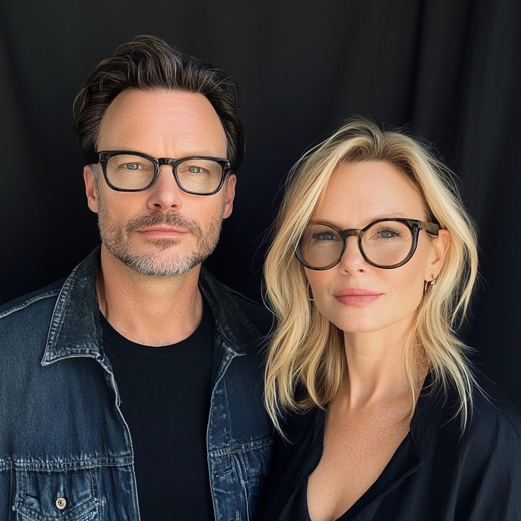 Mark and Samantha, reimagined by MidJourney. Both wear glasses and have a confident expression. Mark has short dark hair, light stubble, and wears a black denim jacket over a black shirt. Samantha has shoulder-length blonde hair and wears a black blouse. They stand against a dark background. Mark and Samantha, reimagined by MidJourney. Both wear glasses and have a confident expression. Mark has short dark hair, light stubble, and wears a black denim jacket over a black shirt. Samantha has shoulder-length blonde hair and wears a black blouse. They stand against a dark background.