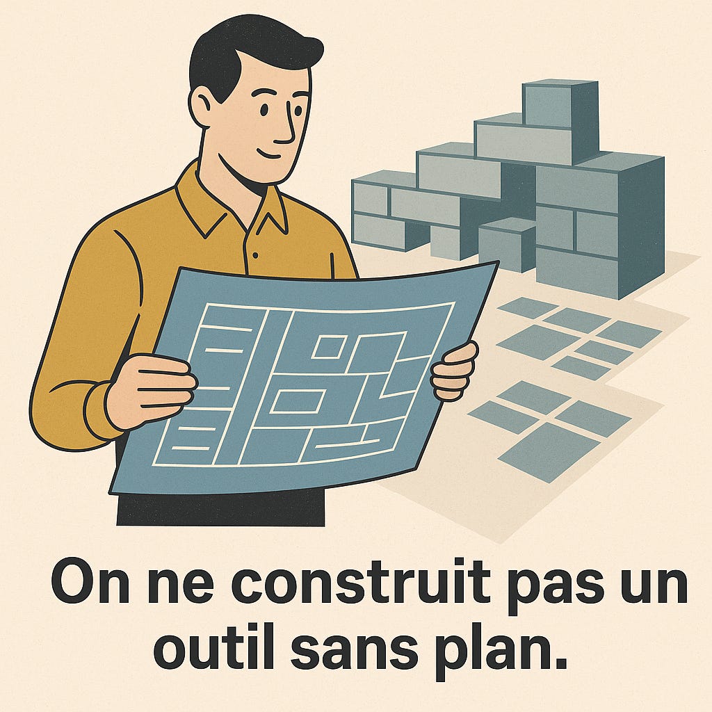 Illustration numérique en style flat design. Une personne tient un plan dans les mains, représentant un processus de travail. À l’arrière-plan, on voit une structure en construction faite de blocs symbolisant des bases de données ou des éléments d’un outil numérique. L’image évoque la métaphore d’un architecte qui suit un plan pour construire un bâtiment solide.