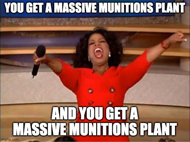 Oprah saying 'you get a massive munitions plant and you get a massive munitions plant'