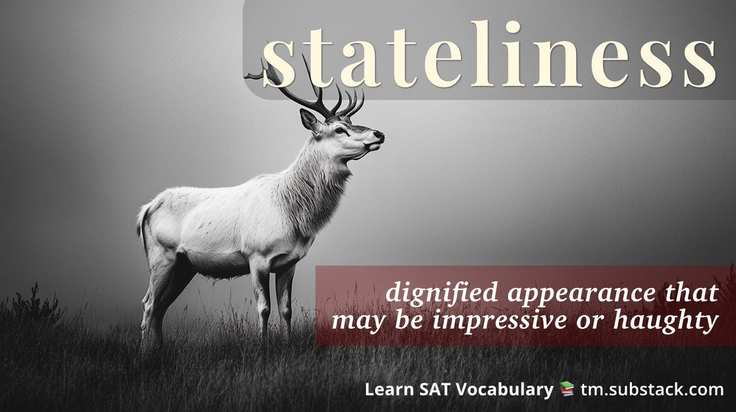 Monochrome illustration of an elk; used to illustrate the SAT vocabulary word 'stateliness'.
