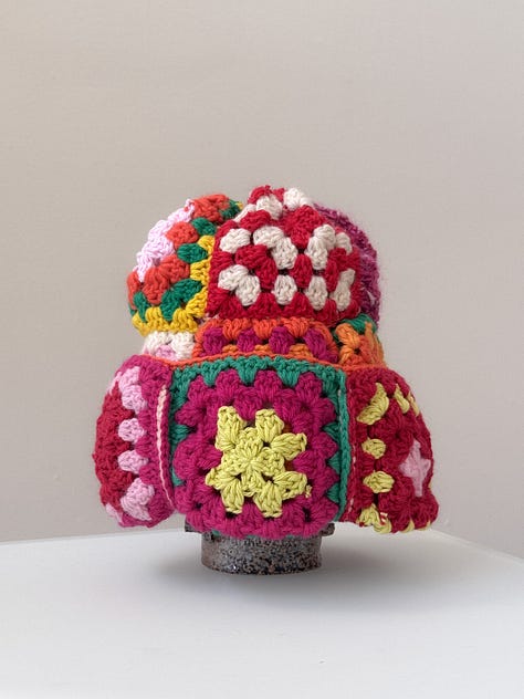 Red and pink granny crochet patchwork beanie
