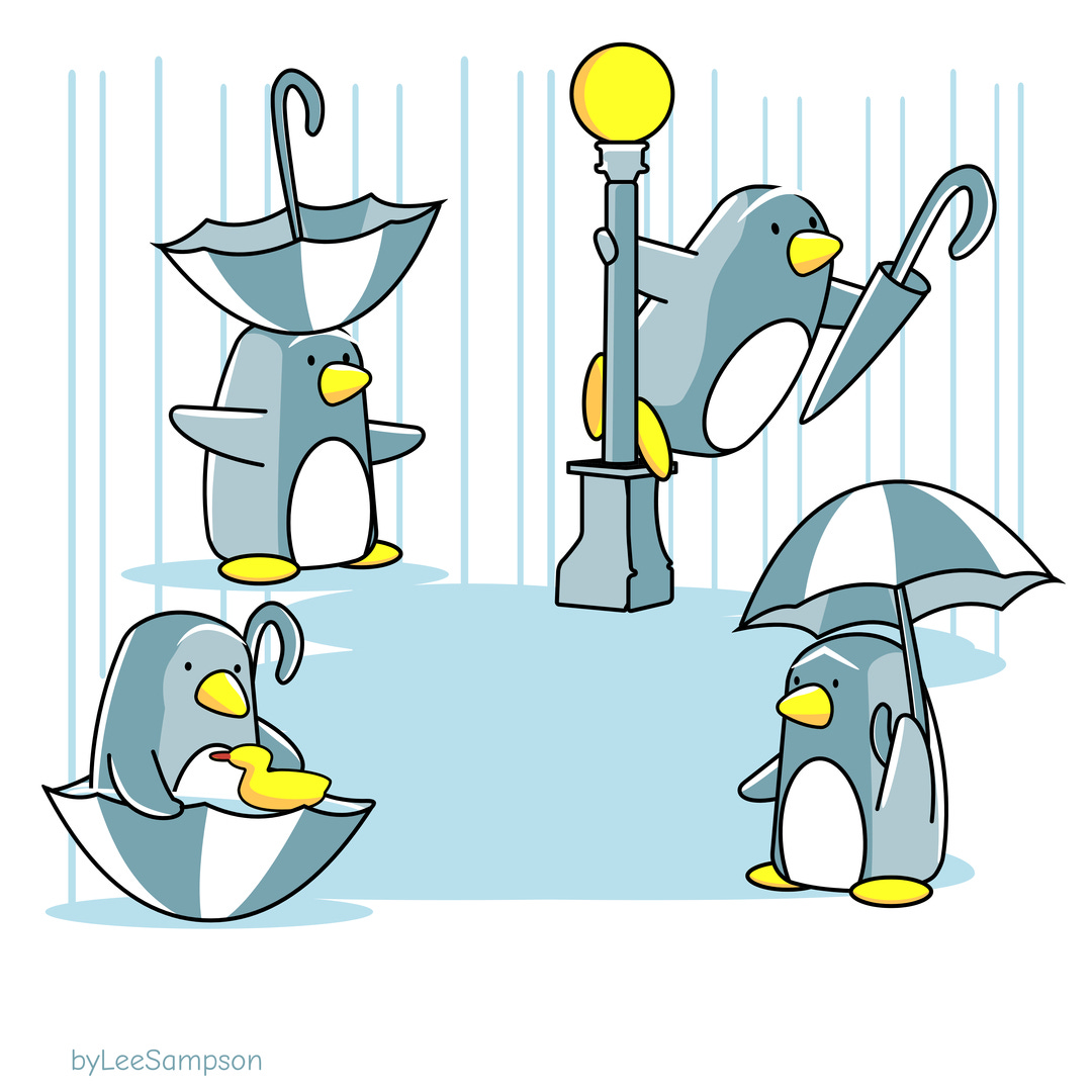 Leadership cartoon featuring penguins all using their umbrellas differently in the rain by Lee Sampson
