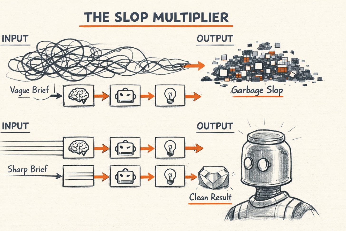 Paperclip AI slop multiplier diagram — pipeline showing vague task input amplifying into garbage output across sequential agents versus a sharp detailed brief producing clean results Paperclip AI slop multiplier diagram — pipeline showing vague task input amplifying into garbage output across sequential agents versus a sharp detailed brief producing clean results