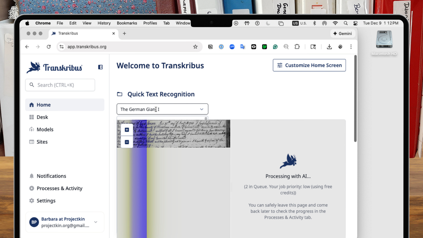 Transkribus working on a transcription