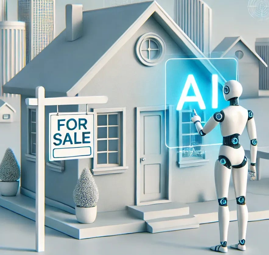 A modern and clean aesthetic illustration representing AI and real estate integration. The foreground features a simple, sleek house with a 'For Sale' sign on one side and a minimalistic holographic screen on the other, showing AI-driven data such as property value trends and virtual tours. A futuristic, minimalist humanoid figure interacts with the screen. The background shows a clean city skyline with modern buildings, simple geometric forms, and drones flying around capturing images. The overall design uses a smooth color palette of light blues, soft grays, and white, emphasizing simplicity and modern technology.