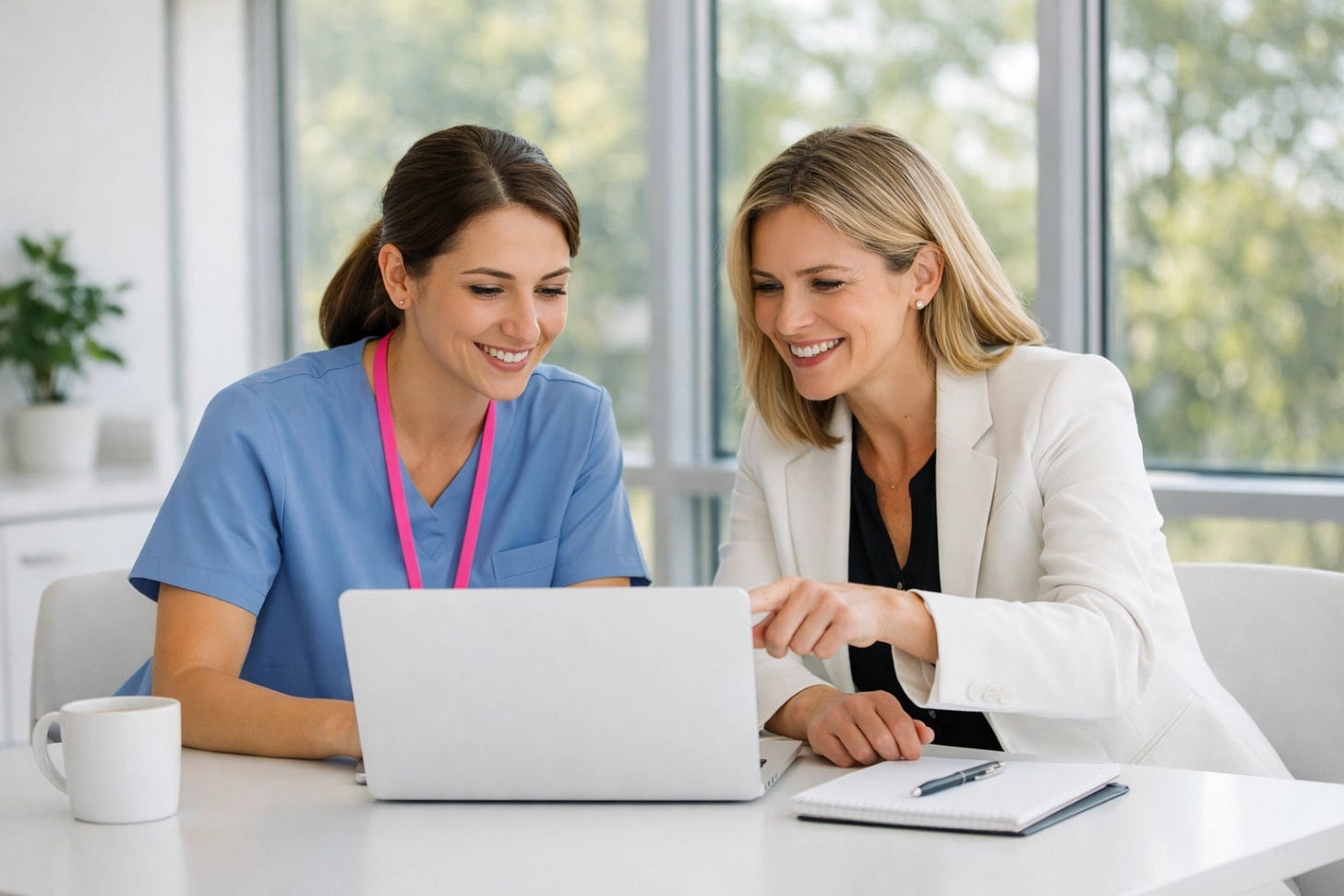 A nurse and career advisor reviewing travel nursing contract opportunities on a laptop in a bright office.