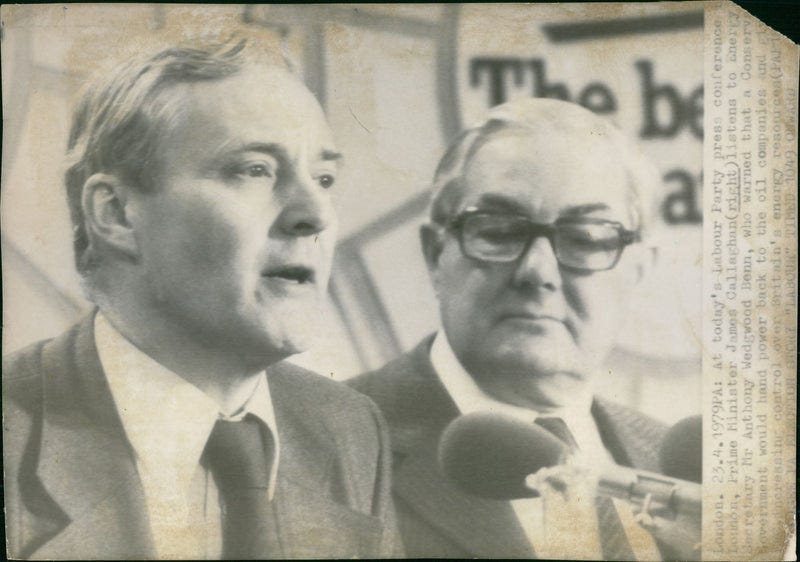 James Callaghan listens to Tony Benn at the Labor Party press conferen