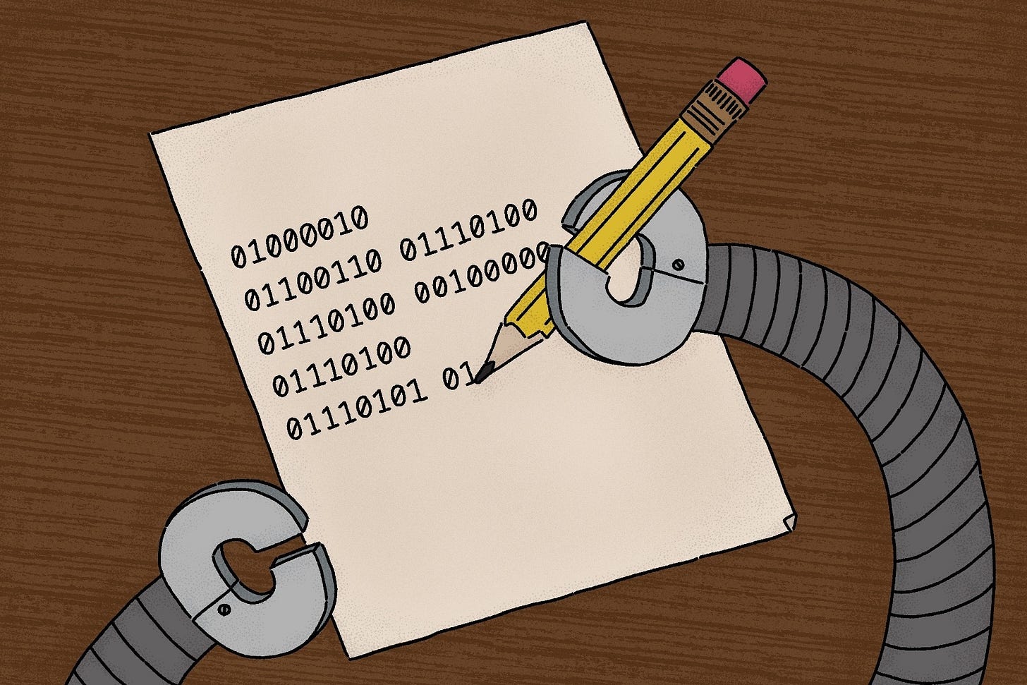 A robot composes lines of analog code with a pencil and sheet of paper