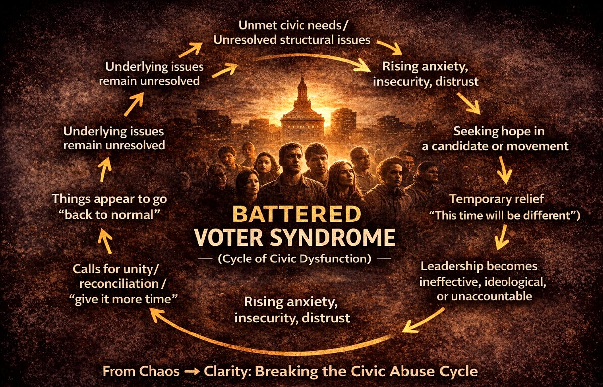 Figure 1. “Battered voter syndrome”: a cycle of civic dysfunction. (Image source: Gotham Oakland) Figure 1. “Battered voter syndrome”: a cycle of civic dysfunction. (Image source: Gotham Oakland)
