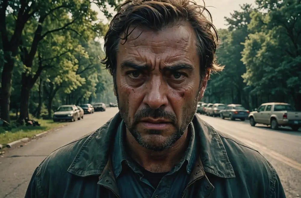 A man under tremendous stress. A stressed man wears a troubled expression, his tired posture reflecting heavy responsibilities.