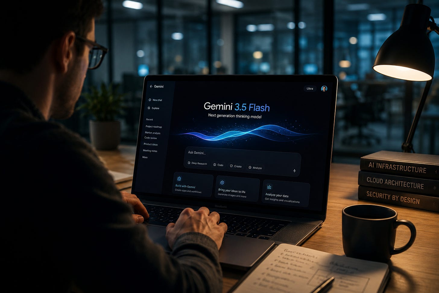 Persoană care lucrează la laptop într-un birou modern, cu o interfață AI pe ecran și cărți despre infrastructură cloud și securitate, ilustrând cum AI-ul devine infrastructură pentru muncă, companii și ecosisteme digitale.