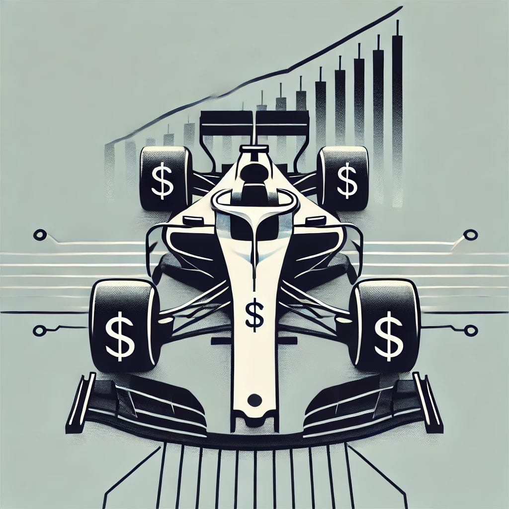A minimalist illustration representing the financial strategies behind Formula 1. The image features a stylized race car with dollar signs and stock market graphs subtly integrated into its aerodynamic design. The background is clean and modern, with a hint of circuit lines symbolizing technology and investment. The color scheme is sleek, using shades of black, white, and gold to emphasize sophistication and financial success.