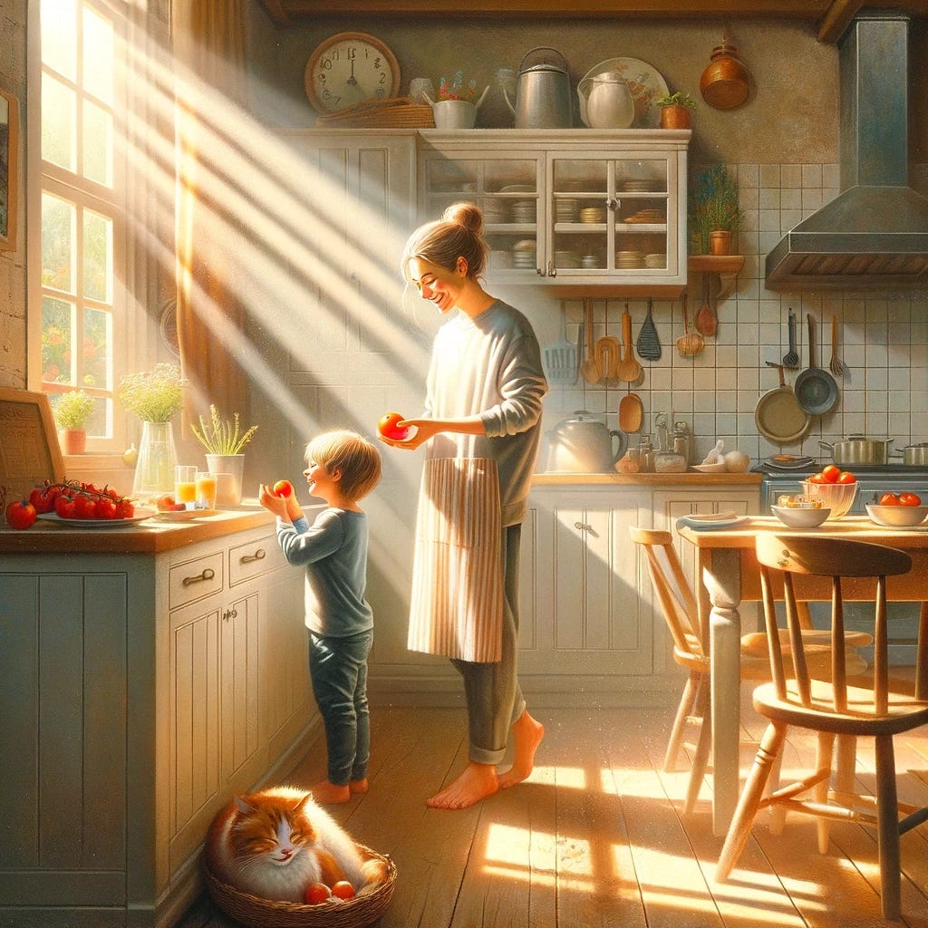 A serene and heartwarming scene depicting the beauty of ordinary life, inspired by the philosophy of finding wonder in the everyday. The image features a family in a cozy, sunlit kitchen. A parent and child are smiling as they share a moment of joy, teaching and learning how to appreciate the simple things like a ripe tomato or a crisp apple. In the background, a pet cat is peacefully napping in a sunbeam, adding a touch of homely warmth. The scene radiates happiness, contentment, and the profound beauty of ordinary moments, embracing a philosophy of finding richness in simplicity and the ordinary. The style is realistic, capturing the essence of a typical, loving family home, filled with gentle sunlight and soft colors, emphasizing a sense of peace and fulfillment in everyday life. A serene and heartwarming scene depicting the beauty of ordinary life, inspired by the philosophy of finding wonder in the everyday. The image features a family in a cozy, sunlit kitchen. A parent and child are smiling as they share a moment of joy, teaching and learning how to appreciate the simple things like a ripe tomato or a crisp apple. In the background, a pet cat is peacefully napping in a sunbeam, adding a touch of homely warmth. The scene radiates happiness, contentment, and the profound beauty of ordinary moments, embracing a philosophy of finding richness in simplicity and the ordinary. The style is realistic, capturing the essence of a typical, loving family home, filled with gentle sunlight and soft colors, emphasizing a sense of peace and fulfillment in everyday life.
