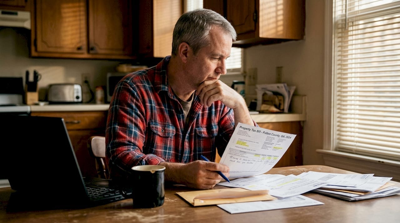 Homeowner reviews property tax bills at kitchen table