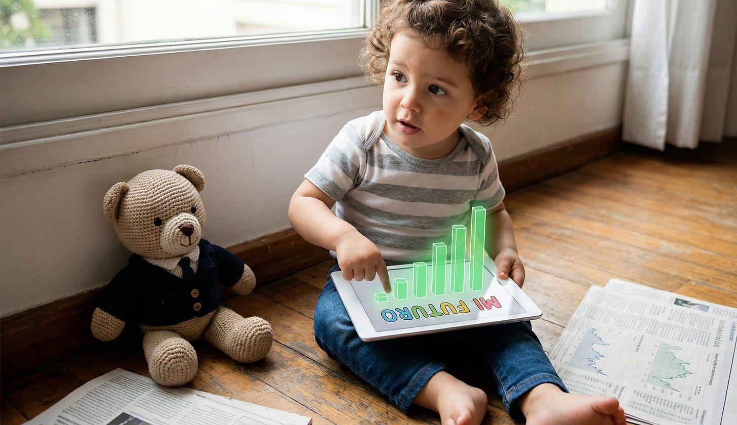 Niño pequeño observando un gráfico de crecimiento de inversión a largo plazo para menores en Indexa Capital
