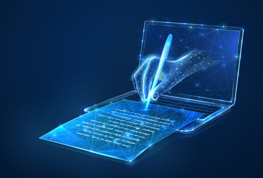 Illustration of an bright blue illuminating hand holding a pen and coming out of a laptop to write on a digitized paper. All on a dark blue background.