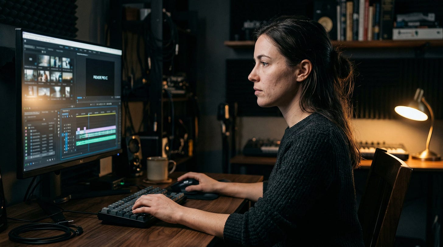 Ultra-realistic cinematic photograph of a woman in her late 20s to early 30s sitting in
profile at a minimal studio desk, face and hands softly illuminated by dual light sources:
cool blue-white monitor glow from the left casting clean shadow across her cheekbone, warm
amber desk lamp from the right lighting her shoulder and forearm. Video timeline interface
visible on screen, softly blurred. Expression focused and deliberate — not posed, not
performative. Natural skin texture with visible pores, slight under-eye definition, no
makeup enhancement. Hair loosely pulled back, casual. Dark minimal clothing. 85mm lens,
f/1.4, ISO 400. Shallow depth of field — face and near hand sharp, monitor content and
background falling to soft bokeh. Documentary realism. Do not beautify or alter facial
features.
Negative: plastic skin, skin smoothing, beautification filters, anatomy normalization,
dataset-average proportions, extra fingers, CGI, overexposed, heavy makeup, unrealistic
skin, cartoon, airbrushed texture, stylized realism, depth flattening