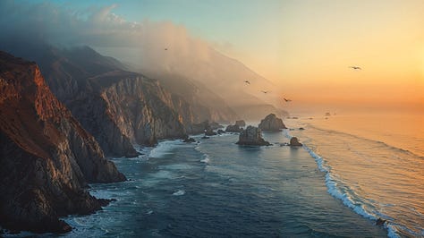 Majestic coastal cliffs bathed in the soft morning light, with waves crashing against the rugged rocks. Sea mist rises from the water, creating a dreamy, ethereal atmosphere. Seagulls soar above, silhouetted against the dawn sky.
