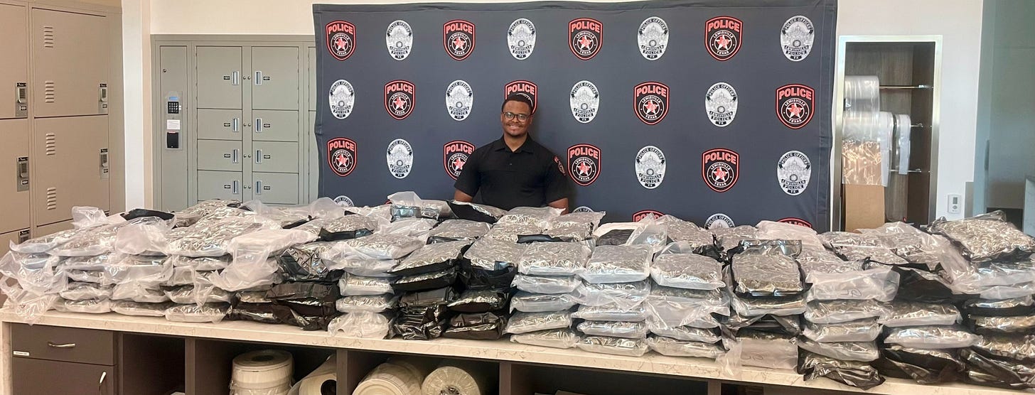 An expired registration sticker led to the discovery of 285 pounds of marijuana being smuggled through Lewisville, Texas, on August 3, 2025. An expired registration sticker led to the discovery of 285 pounds of marijuana being smuggled through Lewisville, Texas, on August 3, 2025.