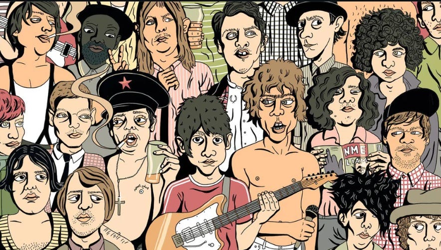 The photo accompanying Vice’s Landfill Indie article (https://www.vice.com/en/article/bv8a8w/the-top-50-greatest-landfill-indie-songs-of-all-time) including illustrated versions of Alex Turner from Arctic Monkeys holding a guitar, Jamie T, The Libertines, The Cribs, and Kings of Leon The photo accompanying Vice’s Landfill Indie article (https://www.vice.com/en/article/bv8a8w/the-top-50-greatest-landfill-indie-songs-of-all-time) including illustrated versions of Alex Turner from Arctic Monkeys holding a guitar, Jamie T, The Libertines, The Cribs, and Kings of Leon