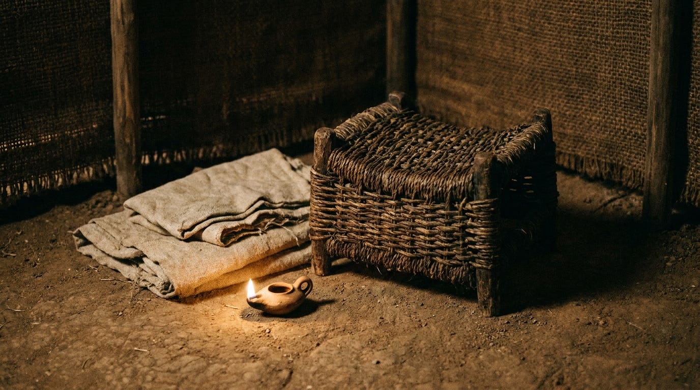 A woven reed birthing stool and a folded linen cloth on a packed earth floor inside a tent, lamplight, no text, no faces
