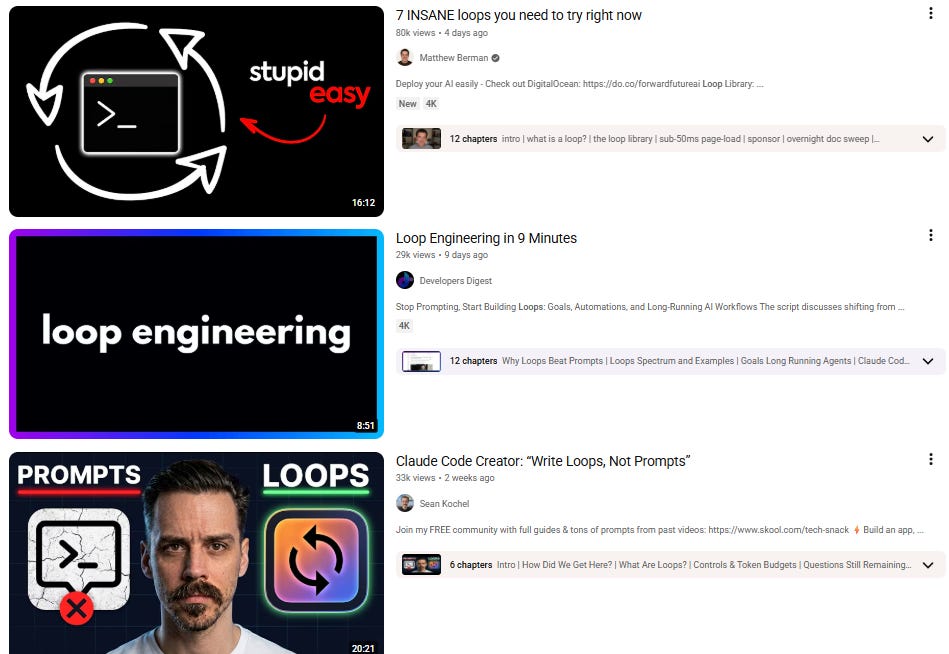 YouTube feed screenshot showing three loop engineering videos published within weeks of each other: "7 INSANE loops you need to try right now" by Matthew Berman (80k views), "Loop Engineering in 9 Minutes" by Developers Digest (29k views), and "Claude Code Creator: Write Loops, Not Prompts" by Sean Kochel (33k views).