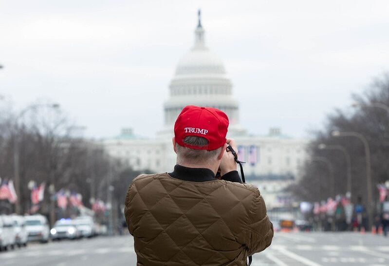 Image description: the upper half of a person, standing in front of the capitol building in washington dc. their back is to the camera and they are wearing an olive green bomber jacket and a red hat that reads "trump" on the back.