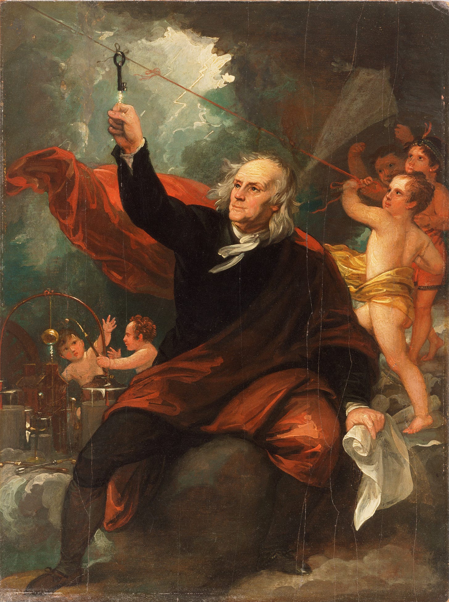 Franklin flies kite into storm with angels behind him Franklin flies kite into storm with angels behind him