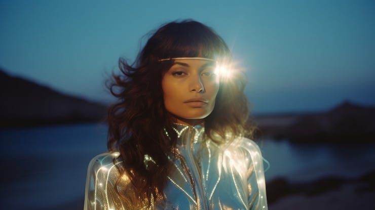 Portrait of woman wearing futuristic superhero suit