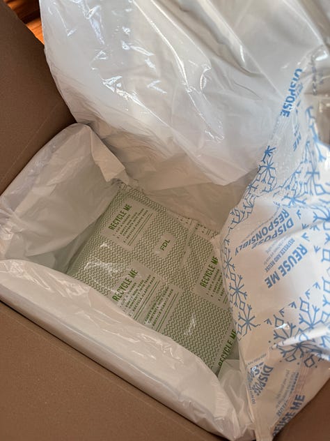 Three photos depicting a box full of plastic-covered packaging with plastic ice packs, as well as a stack of plastic food containers with plastic lids. You get the plastic picture.