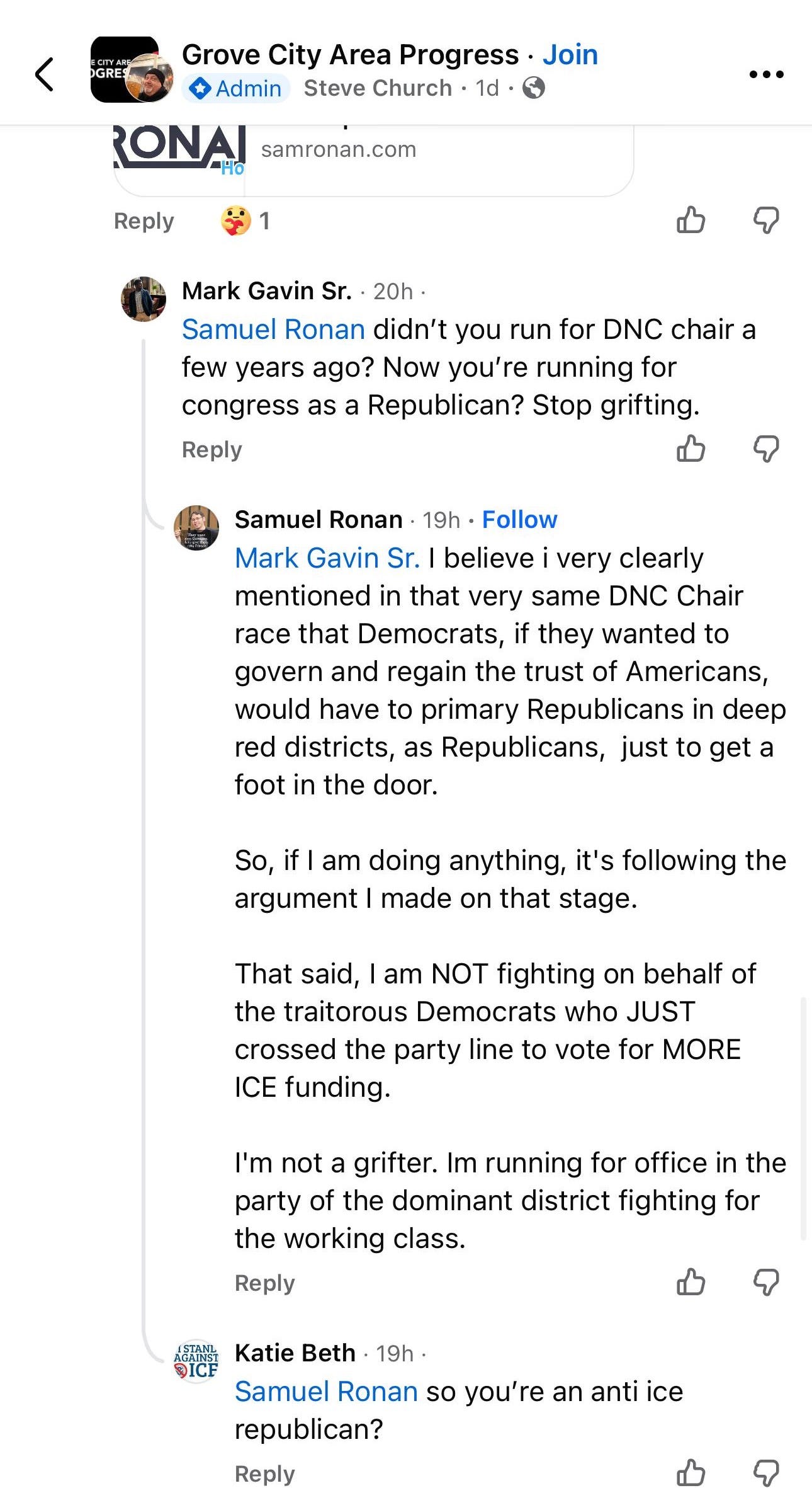 May be an image of text I believe I very clearly mentioned in that very same DNC Chair race that Democrats, if they wanted to govern and regain the trust of Americans, would have to primary Republicans in deep red districts, as Republicans, just to get a foot in the door. So, if I am doing anything, it's following the argument I made on that stage. That said, I am NOT fighting on behalf of the traitorous Democrats who JUST crossed the party line to vote for MORE ICE funding. I’m not a grifter. I’m running for office in the party of the dominant district, fighting for the working class.