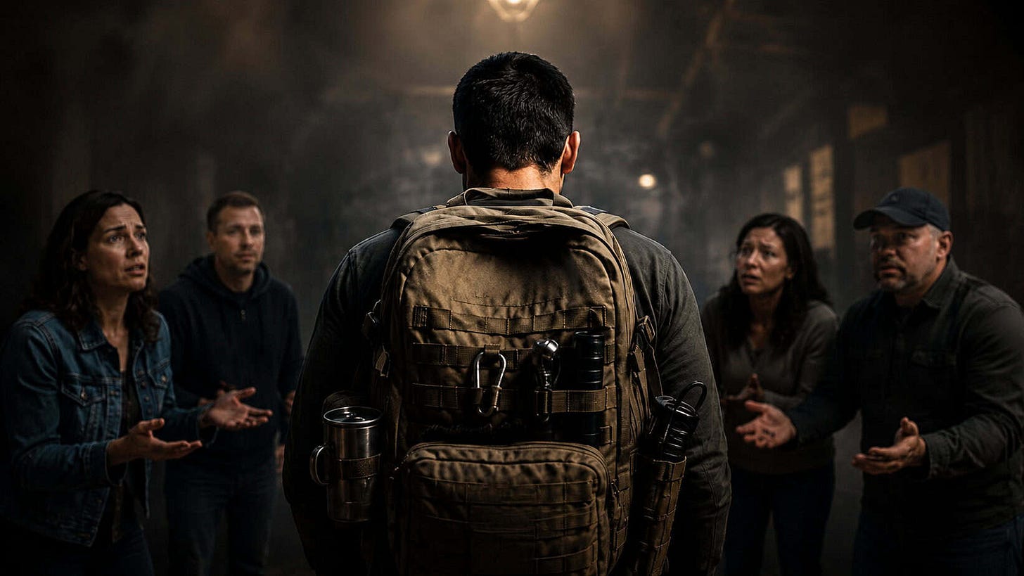 Prepared man with a survival backpack facing worried people who see him as a resource during a crisis.