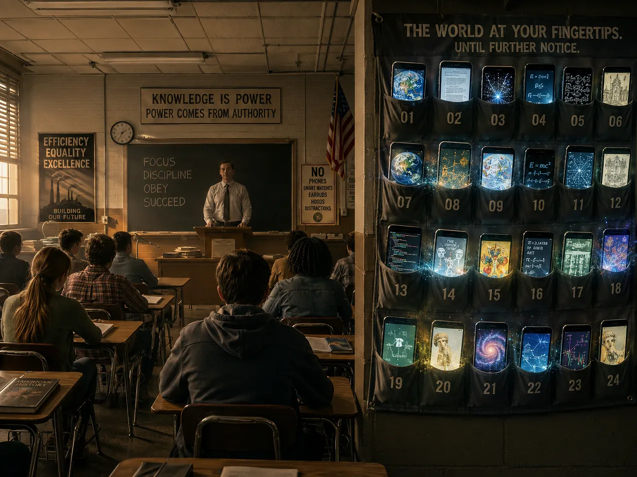 Students' cell phones stored in pouches on the wall