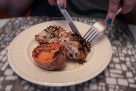 First plate is baked chicken thighs and potatoes, next is baked thighs on a baking sheet, and the third is cutting a piece of chicken with a fork and knife and sweet potato on plate