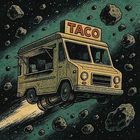 a taco truck modified as a spaceship flying through an asteroid belt, 1960s sci-fi drawing style
