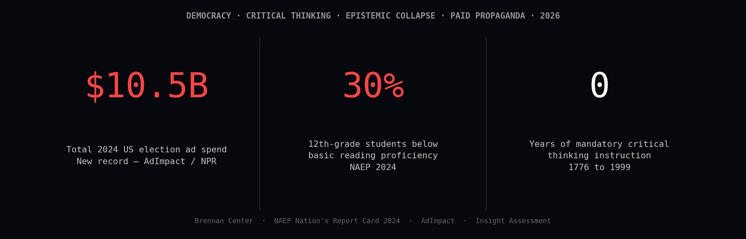 Forget Elections hero — critical thinking, propaganda spend, epistemic collapse Forget Elections hero — critical thinking, propaganda spend, epistemic collapse