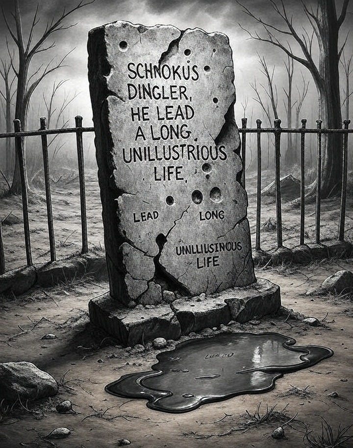 A crumbling slab of pockmarked gray stone slumps in a wasteland of cracked earth and ash. The epitaph, hacked into the surface with jagged urgency, reads:"SCHNOKÜS DINGLER HE LEAD A LONG, UNILLUSTRIOUS LIFE"The "Ü" in Schnoküs is asymmetrical, one dot nearly eroded, the other a deep gouge. The surname Dingler falters—the "G" has vanished entirely, leaving a gap like a missing tooth (DIN LER). The word "LEAD" (instead of "LED") is carved smaller, cramped, as if the carver realized their error too late. Letters tilt drunkenly; the second "L" in "UNILLUSTRIOUS" splits along a hairline fissure in the stone.