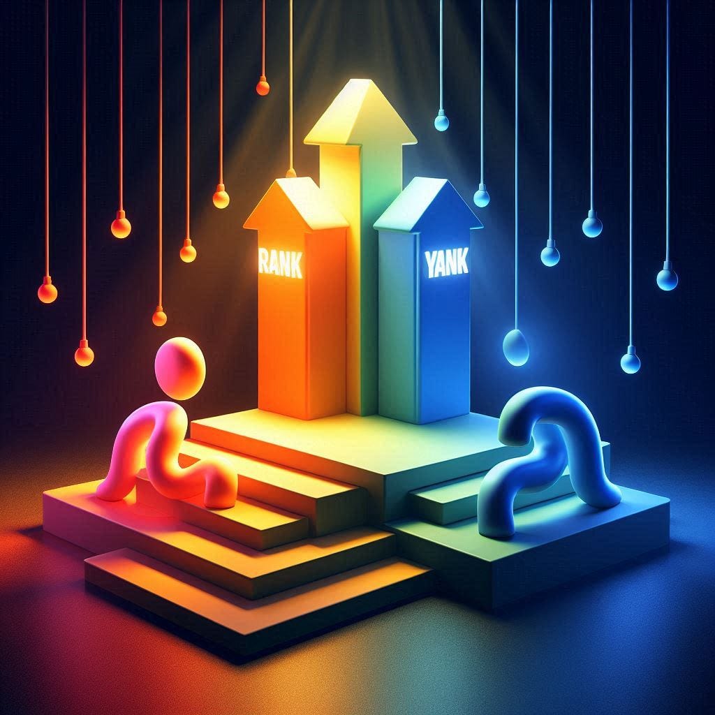 Rank and Yank - Using bright colours - minimalist image - Smooth Image - with 3d Effects with light projecting from the top in a dark room Rank and Yank - Using bright colours - minimalist image - Smooth Image - with 3d Effects with light projecting from the top in a dark room