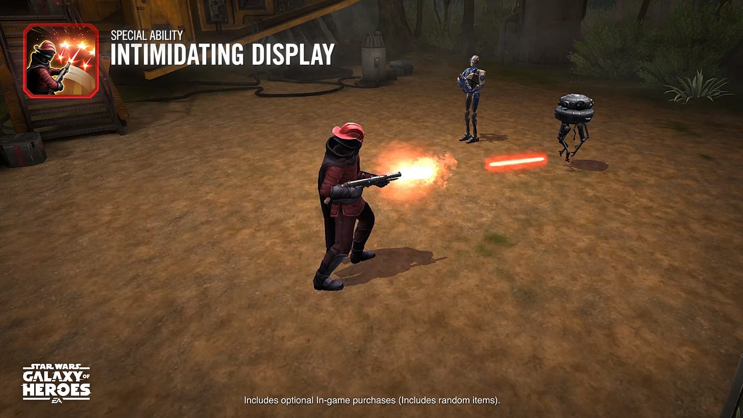 Star Wars character Captain Ithano performs the Intimidating Display attack on a droid